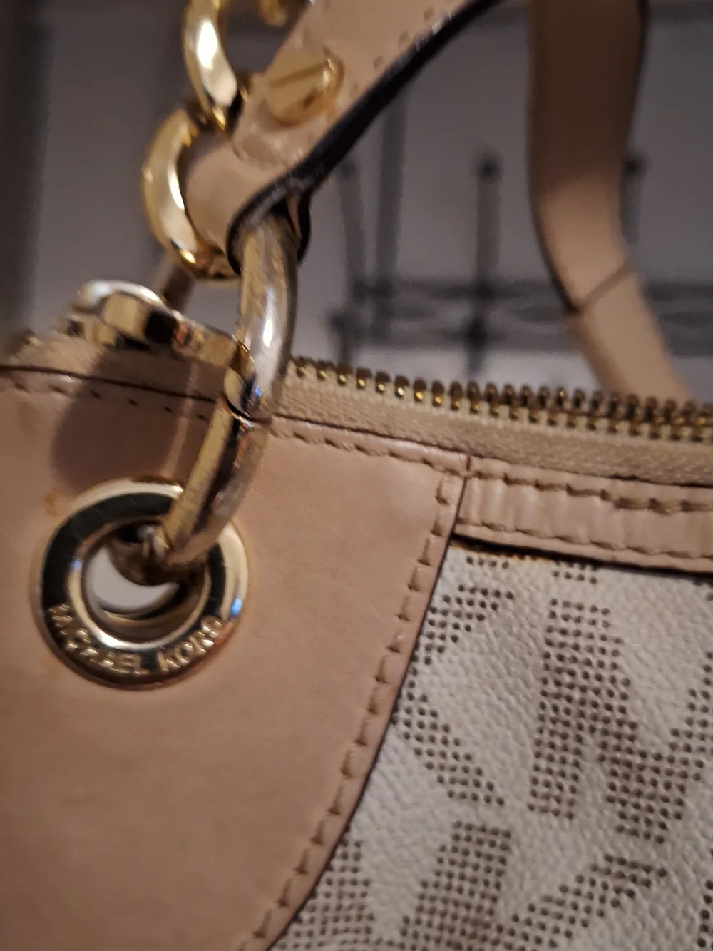 Michael Kors Beige and Tan MK Logo Shoulder Bag with Gold Hardware
